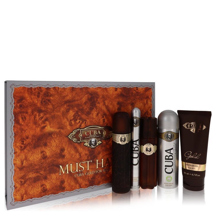Cuba Gold Gift Set By Fragluxe - Size: 3.3 oz Eau De Toilette Spray + 3.3 oz After Shave Spray + 6.7 oz Body Deodorant Spray + 6.7 oz Shower Gel + 1.17 oz EDT Spray