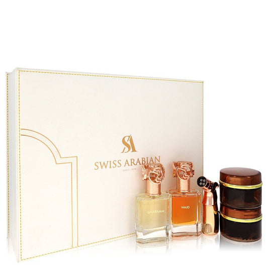 Swiss Arabian Bakhoor Dukhoon Al Haram Gift Set By Swiss Arabian - Size: Gift Set contains 2 x 1.7 oz Eau De Parfum in Wajd & Gharaam + 2 x 60 grams of Incense in Dukhoon Al Haram & Oud Muattar Mumtaz